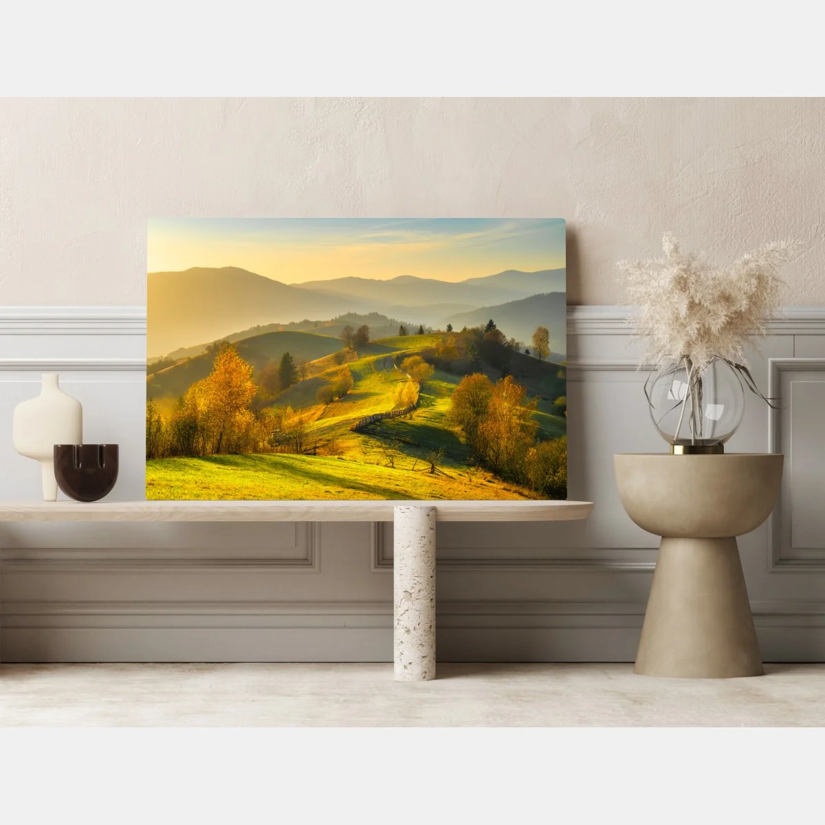 Obraz na płótnie złote jesienne wzgórza o zachodzie słońca – Wallissimo® Obraz na płótnie złote jesienne wzgórza o zachodzie słońca – Wallissimo®