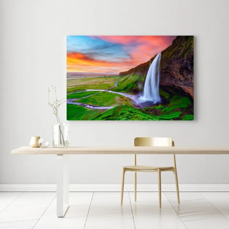Obraz na płótnie wodospad Seljalandsfoss o zachodzie słońca – Wallissimo® Obraz na płótnie wodospad Seljalandsfoss o zachodzie słońca – Wallissimo®