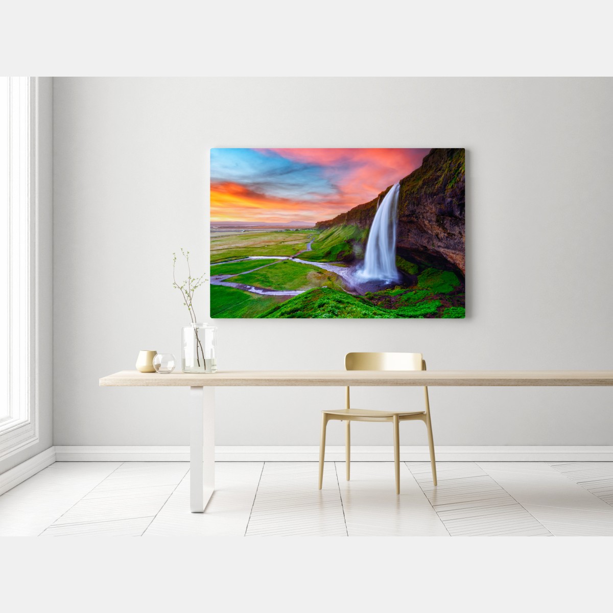 Obraz na płótnie wodospad Seljalandsfoss o zachodzie słońca – Wallissimo® Obraz na płótnie wodospad Seljalandsfoss o zachodzie słońca – Wallissimo®