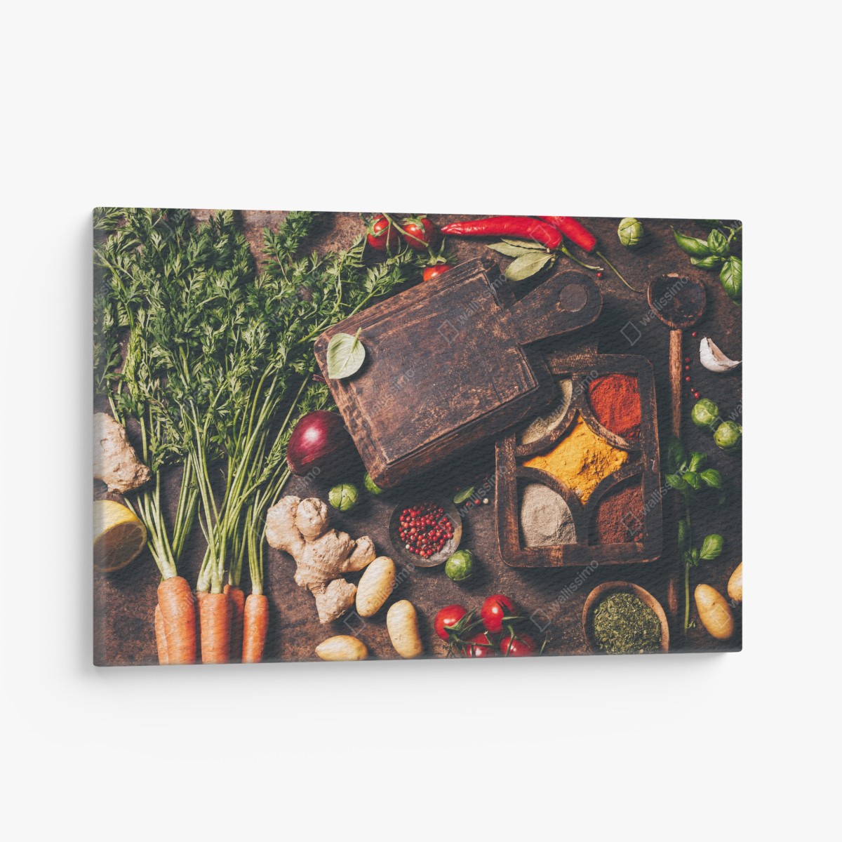 Canvas print rustic spices and fresh vegetables flatlay