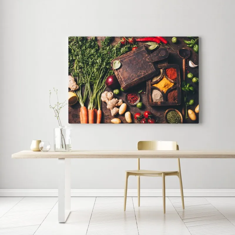 Obraz na płótnie rustykalna kompozycja przypraw i świeżych warzyw – Wallissimo® Obraz na płótnie rustykalna kompozycja przypraw i świeżych warzyw – Wallissimo®