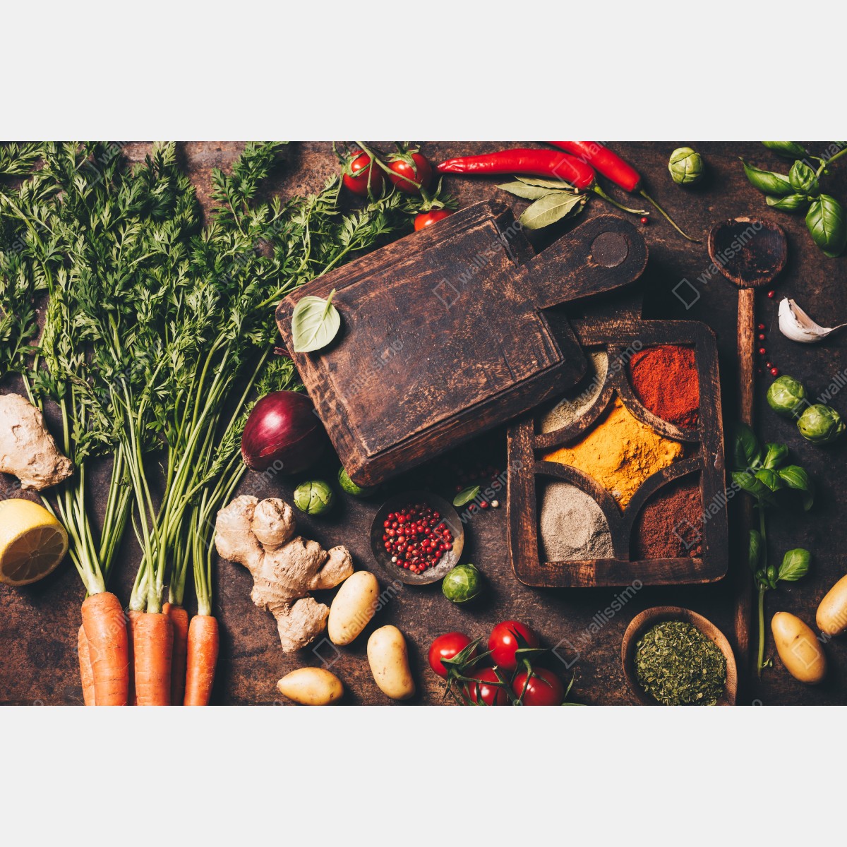 Obraz na płótnie rustykalna kompozycja przypraw i świeżych warzyw – Wallissimo® Obraz na płótnie rustykalna kompozycja przypraw i świeżych warzyw – Wallissimo®