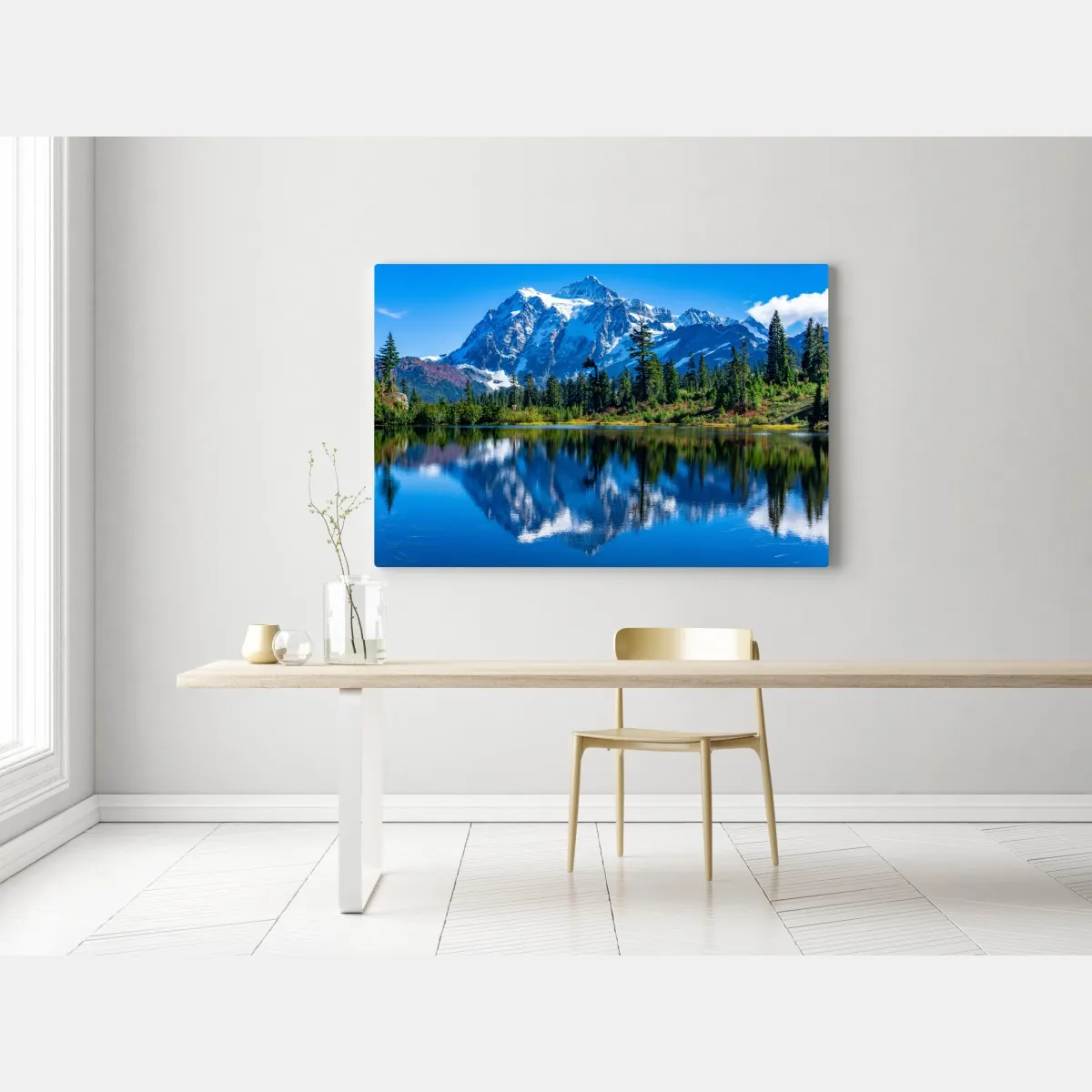Obraz na płótnie majestatyczne odbicie gór nad jeziorem – Wallissimo® Obraz na płótnie majestatyczne odbicie gór nad jeziorem – Wallissimo®