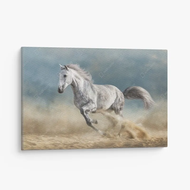 Obraz na płótnie majestatyczny siwy koń galopujący po piasku