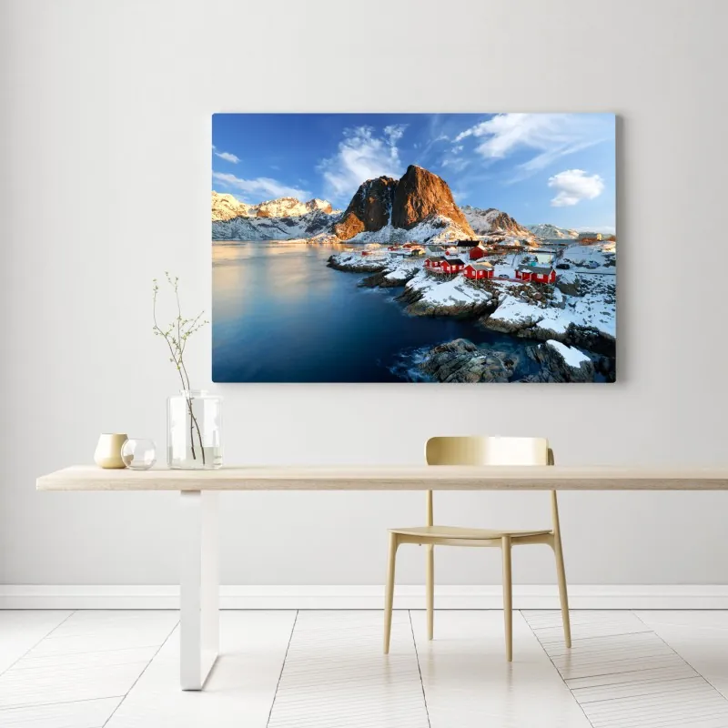 Obraz na płótnie słoneczna wioska Hamnøy nad fiordem – Wallissimo® Obraz na płótnie słoneczna wioska Hamnøy nad fiordem – Wallissimo®