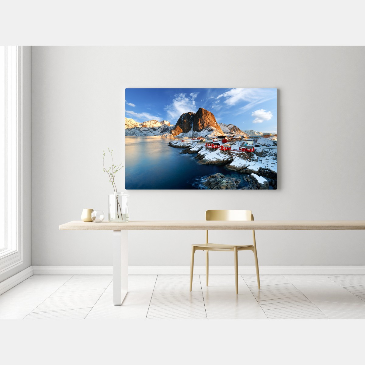 Obraz na płótnie słoneczna wioska Hamnøy nad fiordem – Wallissimo® Obraz na płótnie słoneczna wioska Hamnøy nad fiordem – Wallissimo®