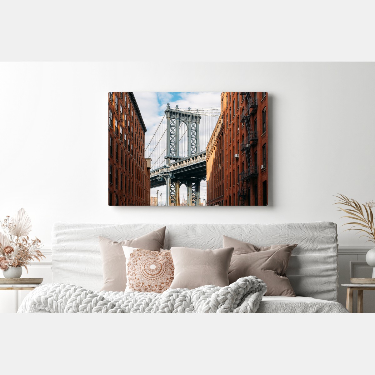 Obraz na płótnie Brooklyn widok mostu między ceglanymi budynkami – Wallissimo® Obraz na płótnie Brooklyn widok mostu między ceglanymi budynkami – Wallissimo®