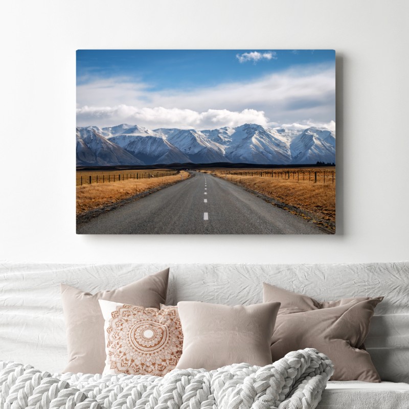 Obraz na płótnie droga prowadząca do ośnieżonych gór, Nowa Zelandia – Wallissimo® Obraz na płótnie droga prowadząca do ośnieżonych gór, Nowa Zelandia – Wallissimo®