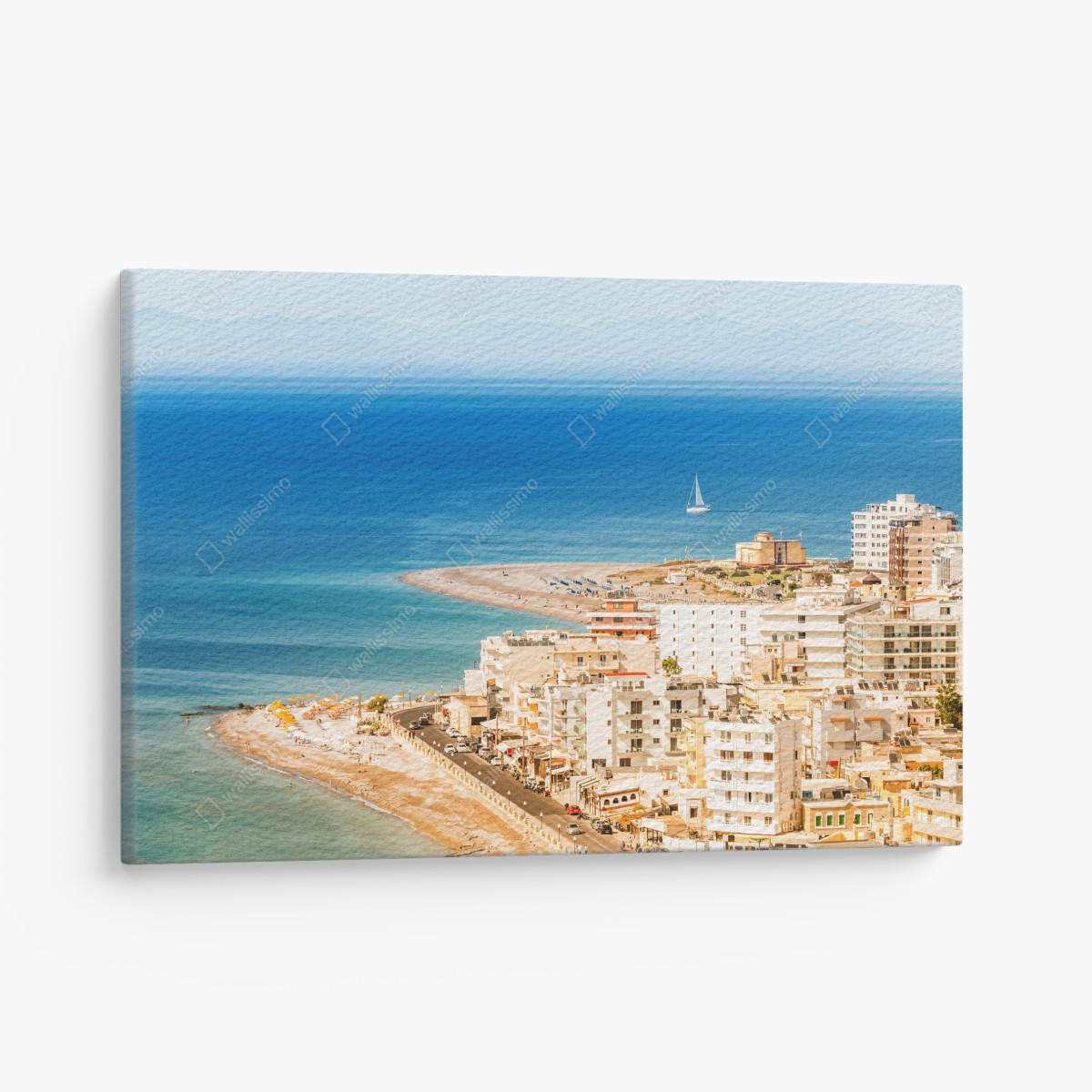 Canvas print sunny coastal cityscape with sailboat