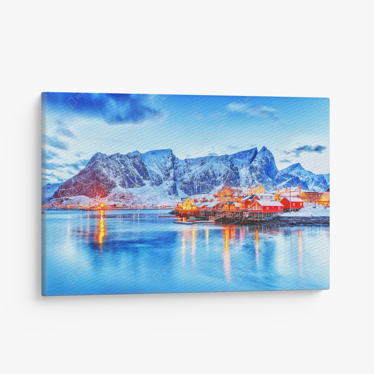 Canvas print snowy coastal village beneath towering mountains