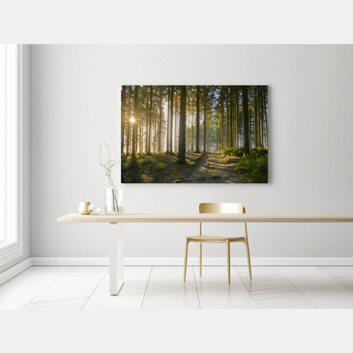 Obraz na płótnie słoneczna leśna ścieżka o świcie – Wallissimo® Obraz na płótnie słoneczna leśna ścieżka o świcie – Wallissimo®
