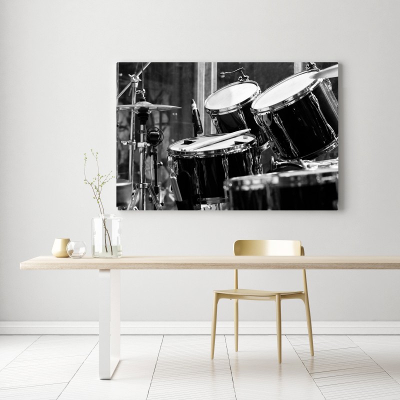 Obraz na płótnie czarno-białe zbliżenie zestawu perkusyjnego – Wallissimo® Obraz na płótnie czarno-białe zbliżenie zestawu perkusyjnego – Wallissimo®