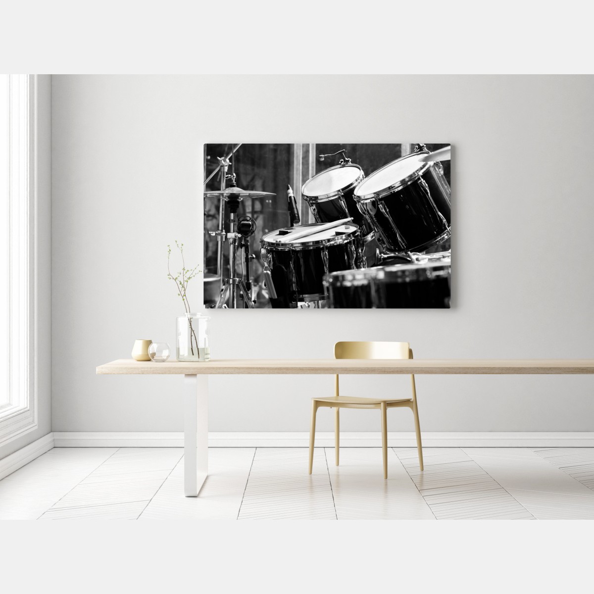 Obraz na płótnie czarno-białe zbliżenie zestawu perkusyjnego – Wallissimo® Obraz na płótnie czarno-białe zbliżenie zestawu perkusyjnego – Wallissimo®