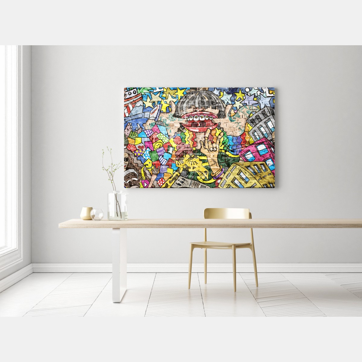 Obraz na płótnie kolorowy mural graffiti z zabawną postacią – Wallissimo® Obraz na płótnie kolorowy mural graffiti z zabawną postacią – Wallissimo®