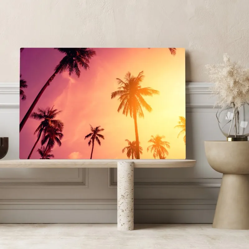 Obraz na płótnie tropikalny zachód słońca z palmami – Wallissimo® Obraz na płótnie tropikalny zachód słońca z palmami – Wallissimo®