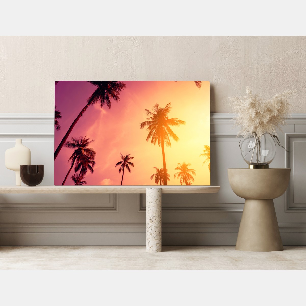 Obraz na płótnie tropikalny zachód słońca z palmami – Wallissimo® Obraz na płótnie tropikalny zachód słońca z palmami – Wallissimo®