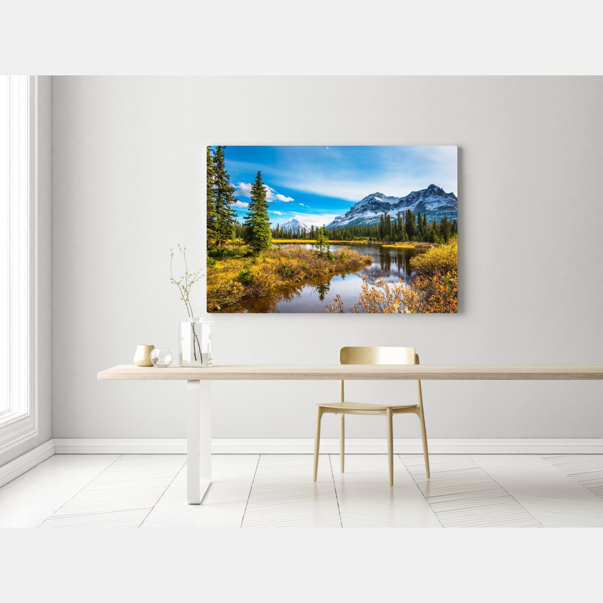 Obraz na płótnie Góry Skaliste nad jeziorem z odbiciem – Wallissimo® Obraz na płótnie Góry Skaliste nad jeziorem z odbiciem – Wallissimo®