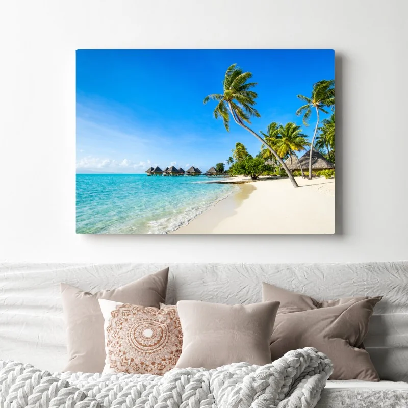 Obraz na płótnie tropikalna turkusowa plaża z palmami – Wallissimo® Obraz na płótnie tropikalna turkusowa plaża z palmami – Wallissimo®