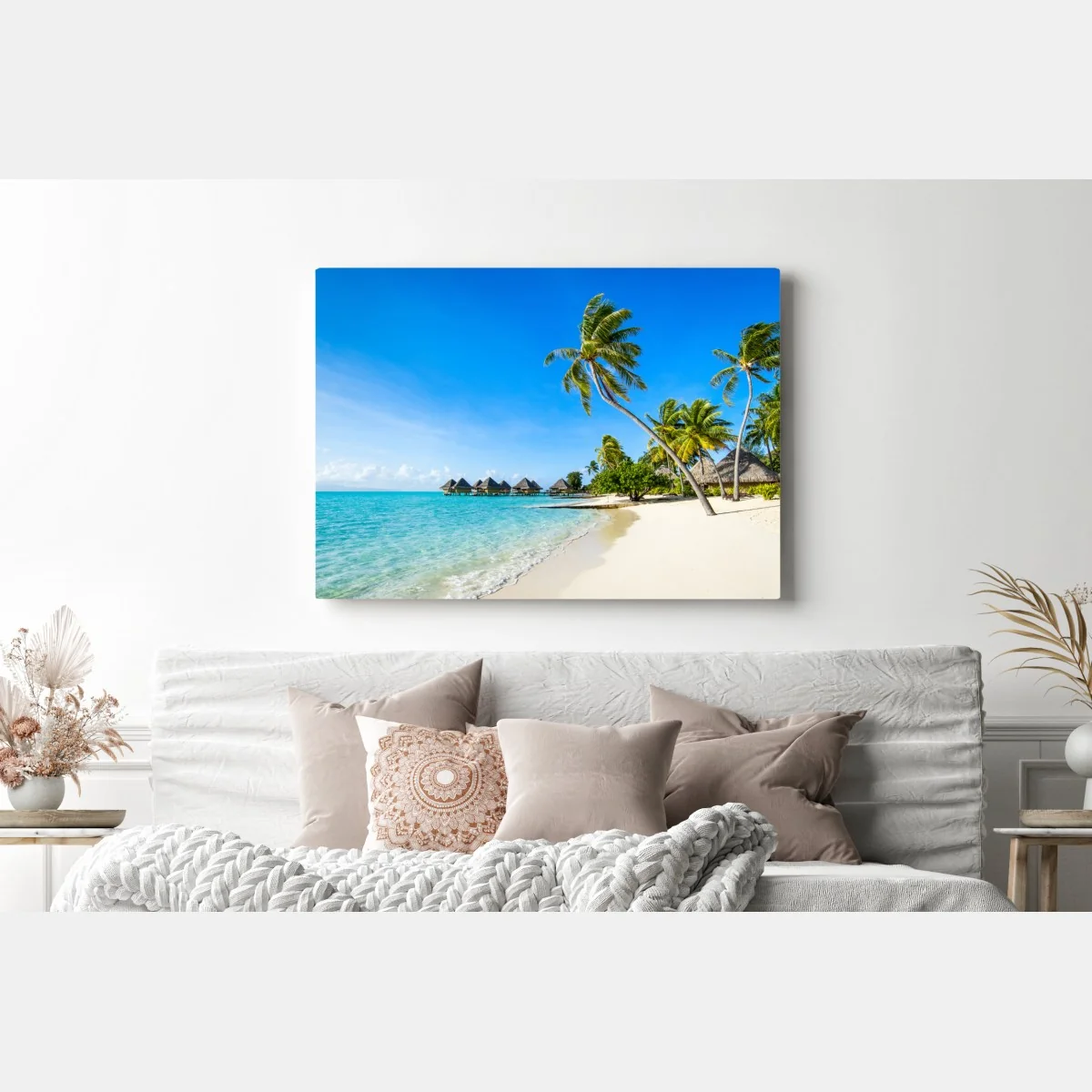 Obraz na płótnie tropikalna turkusowa plaża z palmami – Wallissimo® Obraz na płótnie tropikalna turkusowa plaża z palmami – Wallissimo®