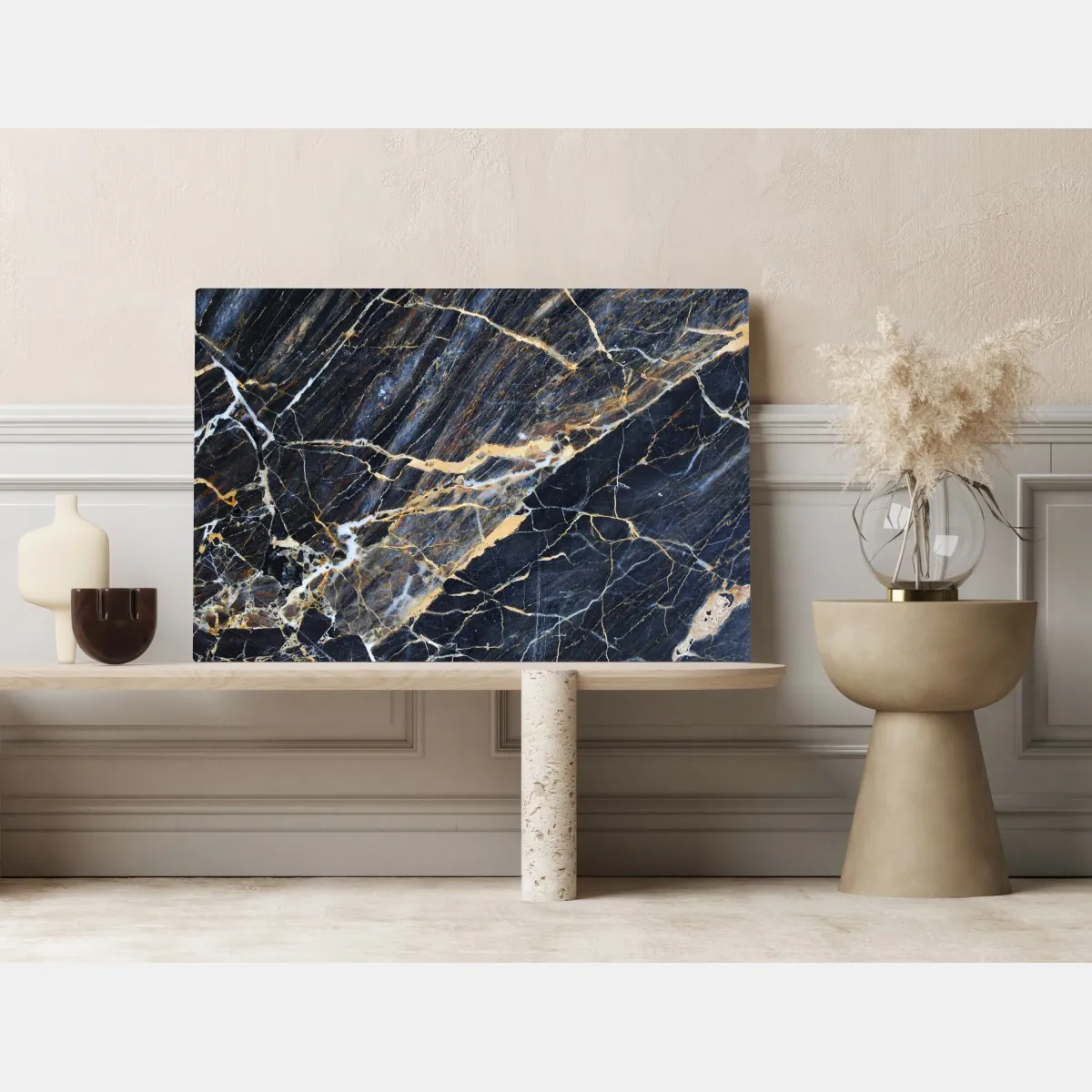 Obraz na płótnie ciemny marmur ze złotymi i kremowymi żyłami – Wallissimo® Obraz na płótnie ciemny marmur ze złotymi i kremowymi żyłami – Wallissimo®