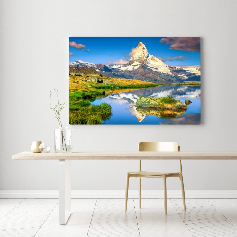 Obraz na płótnie majestatyczny Matterhorn odbity w alpejskim jeziorze – Wallissimo® Obraz na płótnie majestatyczny Matterhorn odbity w alpejskim jeziorze – Wallissimo®