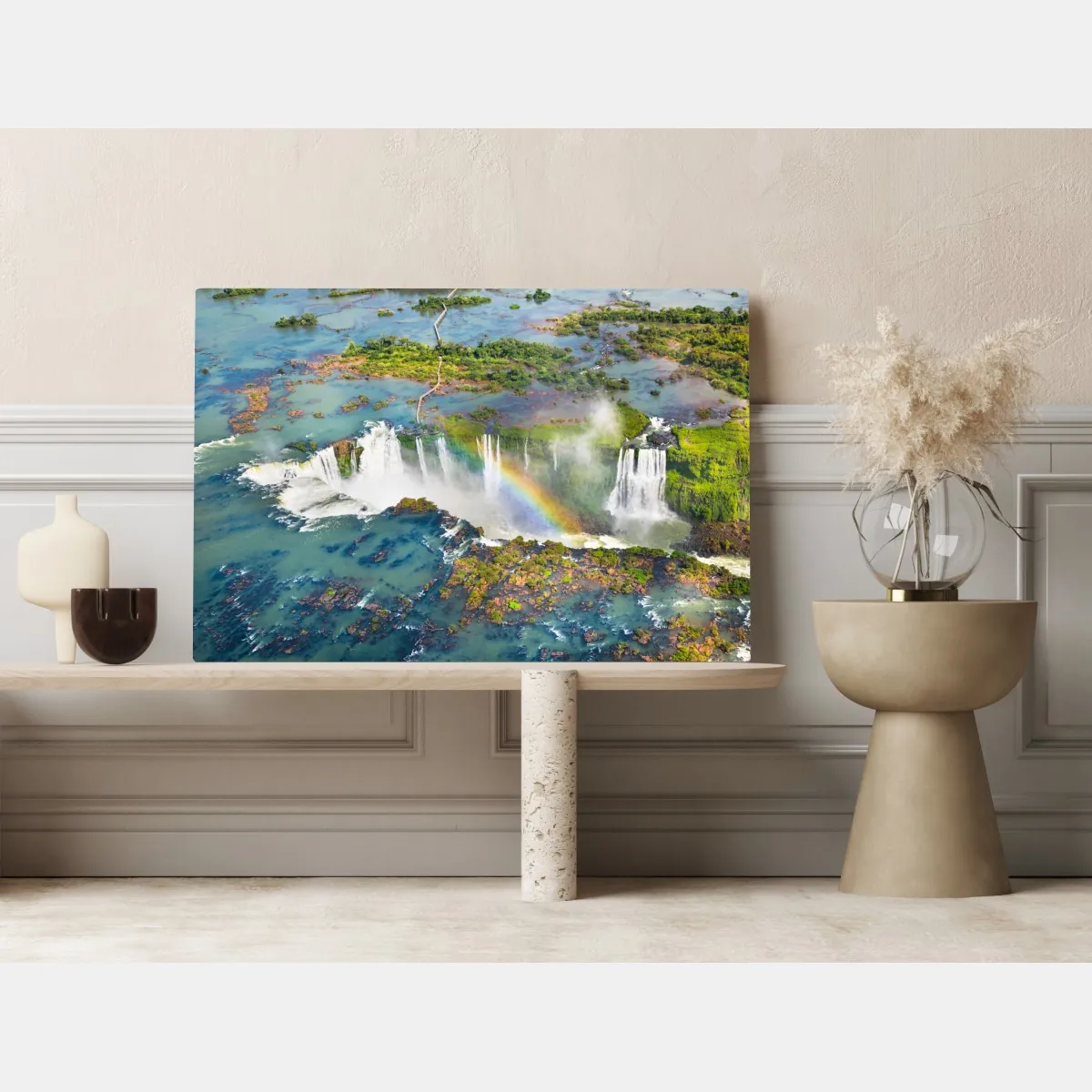 Obraz na płótnie widok z lotu ptaka tropikalne wodospady z tęczą – Wallissimo® Obraz na płótnie widok z lotu ptaka tropikalne wodospady z tęczą – Wallissimo®