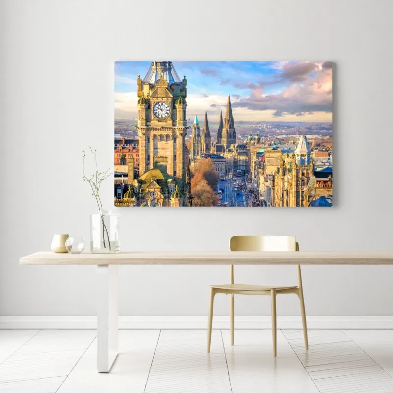 Obraz na płótnie Edynburg panorama z zamkiem i wieżą zegarową – Wallissimo® Obraz na płótnie Edynburg panorama z zamkiem i wieżą zegarową – Wallissimo®