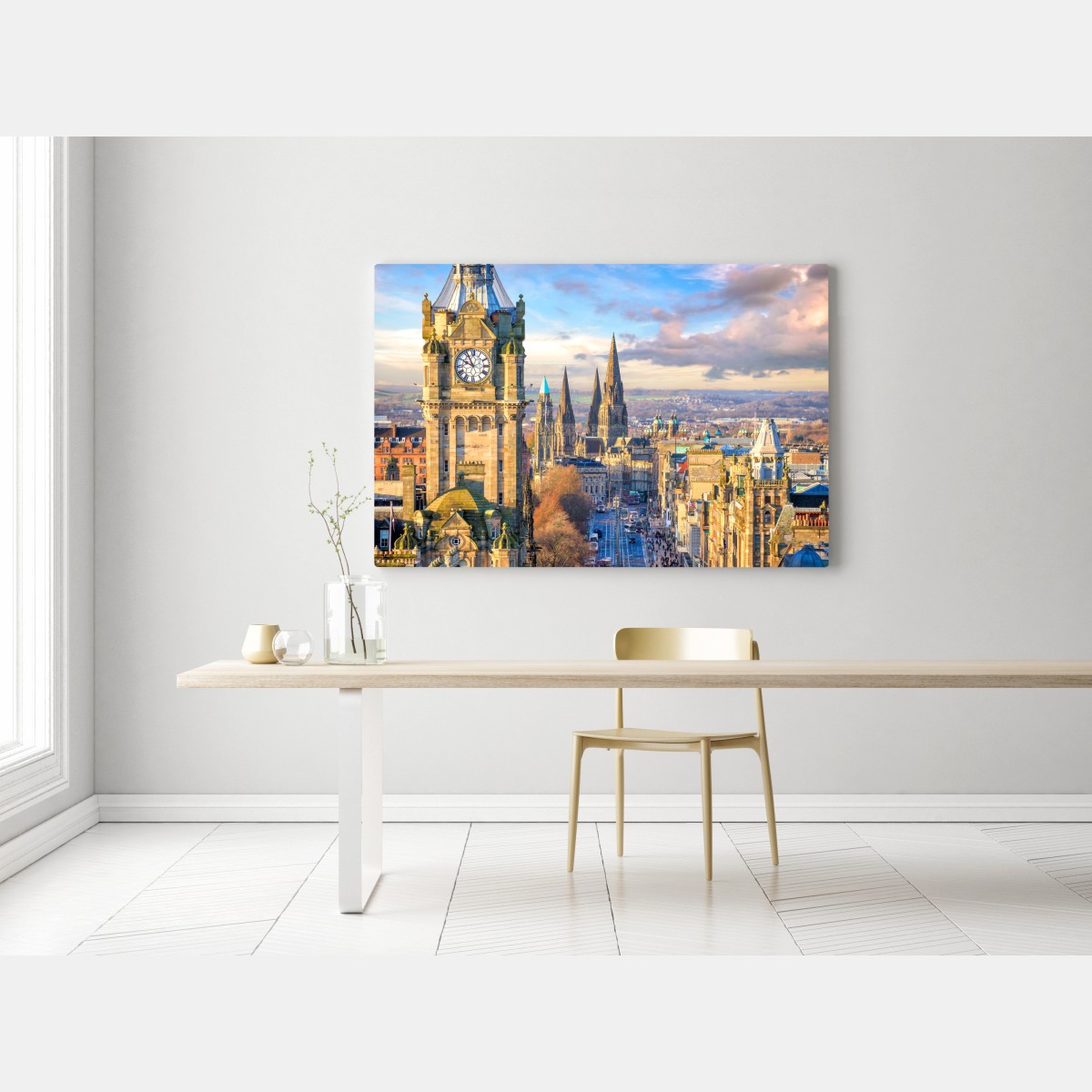 Obraz na płótnie Edynburg panorama z zamkiem i wieżą zegarową – Wallissimo® Obraz na płótnie Edynburg panorama z zamkiem i wieżą zegarową – Wallissimo®