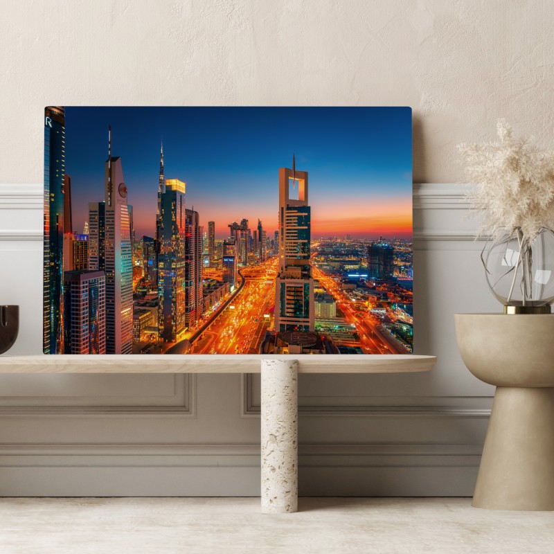 Obraz na płótnie panorama Dubaju o zmierzchu – Wallissimo® Obraz na płótnie panorama Dubaju o zmierzchu – Wallissimo®