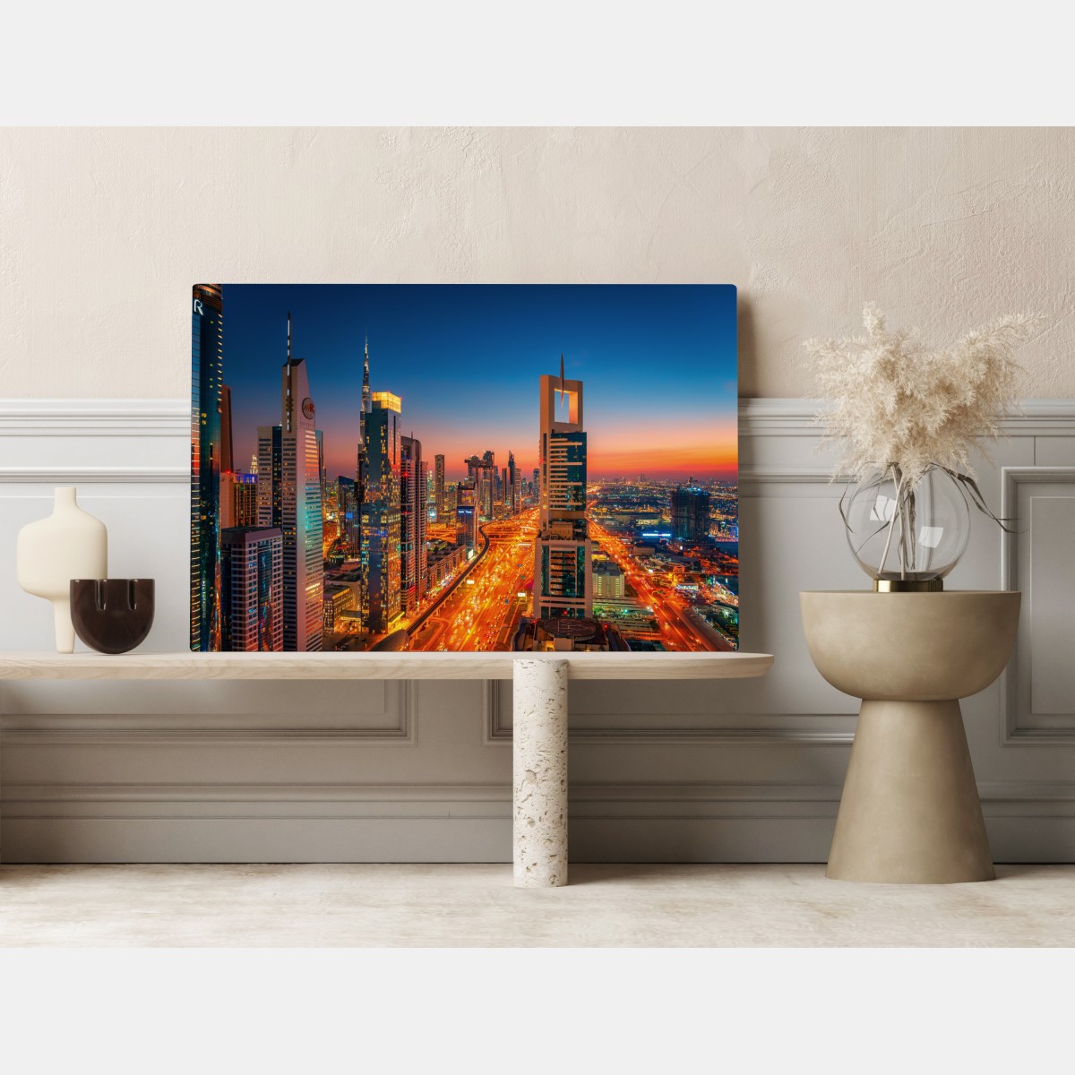 Obraz na płótnie panorama Dubaju o zmierzchu – Wallissimo® Obraz na płótnie panorama Dubaju o zmierzchu – Wallissimo®