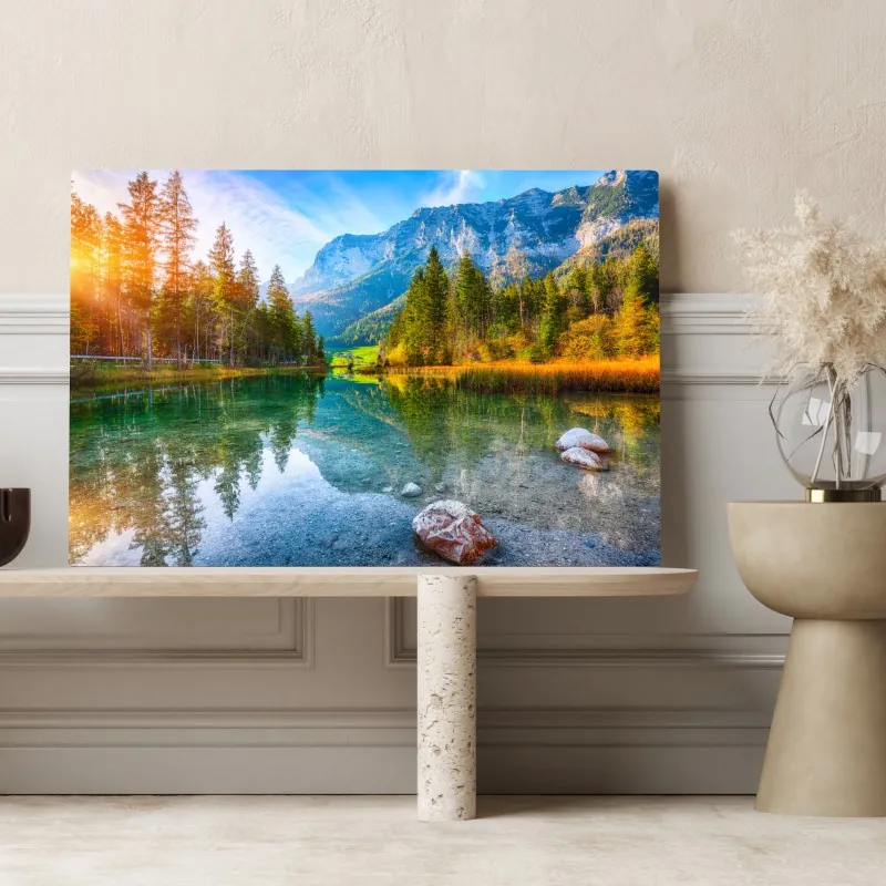Obraz na płótnie jezioro Hintersee jesienny zachód i odbicie – Wallissimo® Obraz na płótnie jezioro Hintersee jesienny zachód i odbicie – Wallissimo®