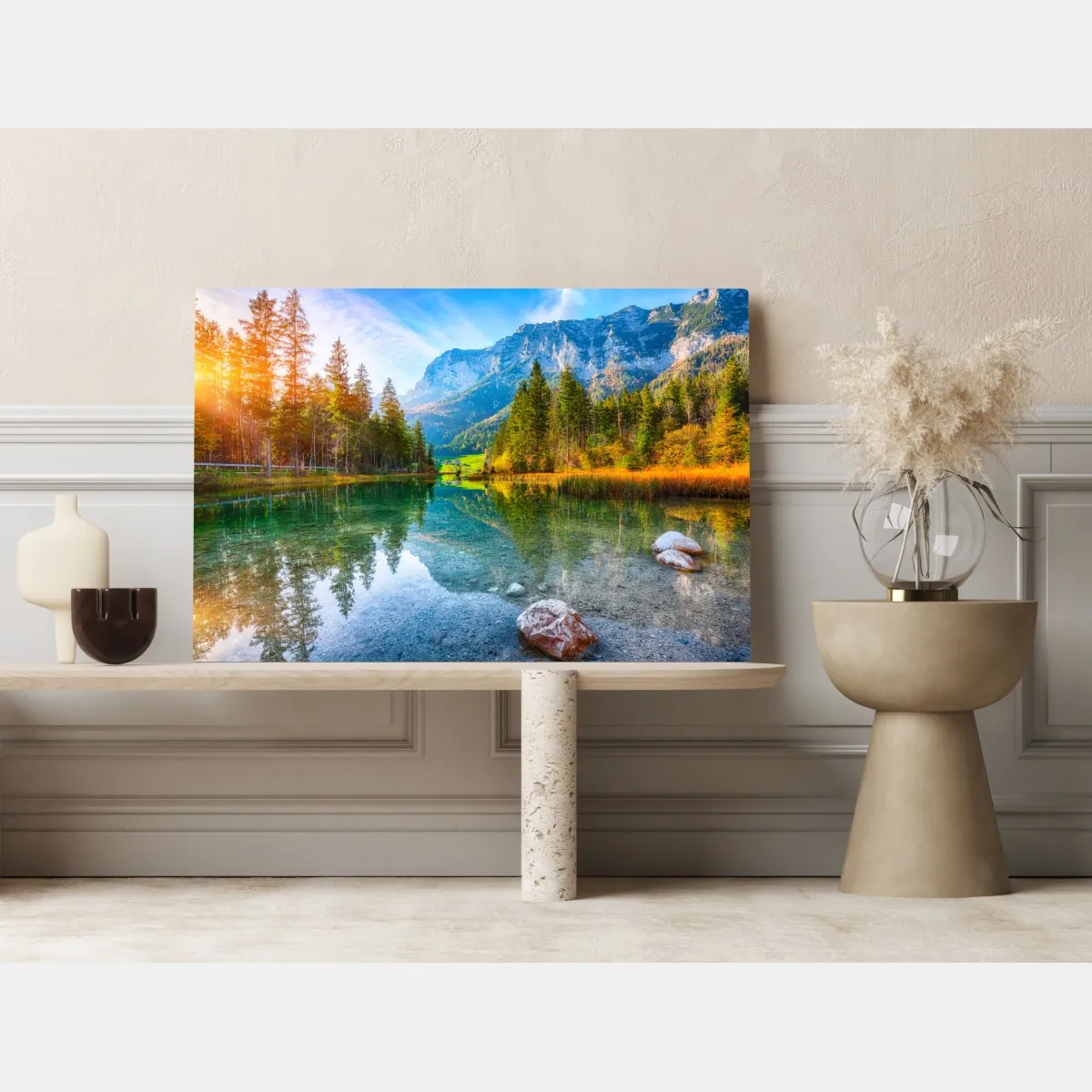 Obraz na płótnie jezioro Hintersee jesienny zachód i odbicie – Wallissimo® Obraz na płótnie jezioro Hintersee jesienny zachód i odbicie – Wallissimo®