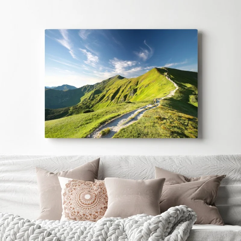 Obraz na płótnie słoneczny grzbiet górski ze ścieżką – Wallissimo® Obraz na płótnie słoneczny grzbiet górski ze ścieżką – Wallissimo®