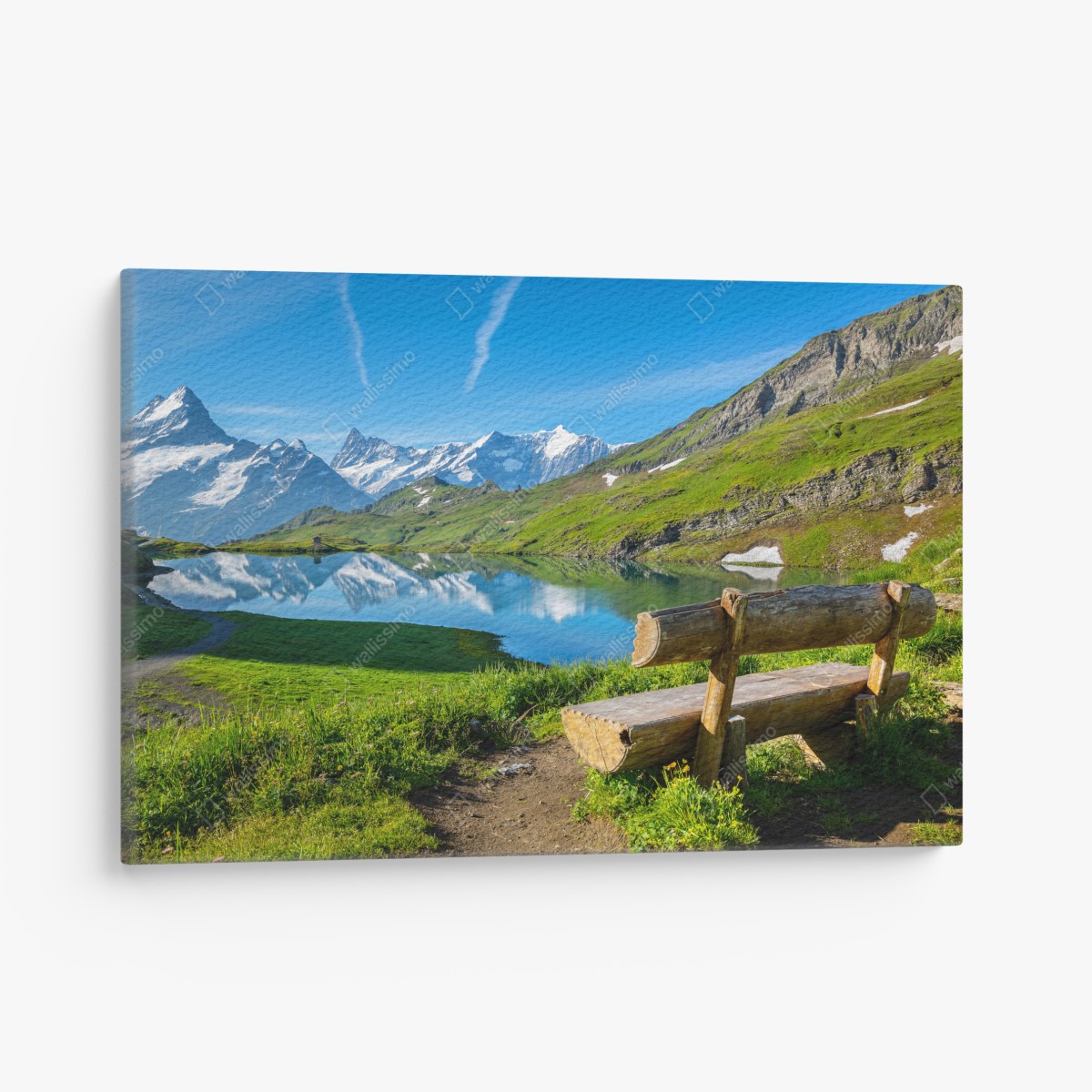 Canvas print alpine lake with wooden bench