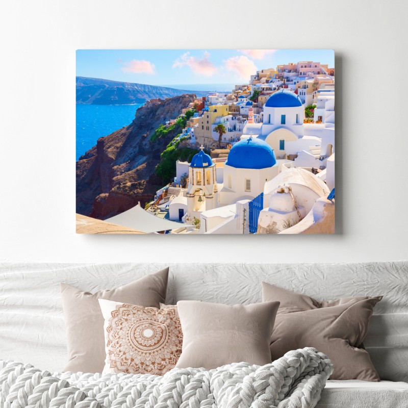 Obraz na płótnie Santorini niebieskie kopuły i białe domy – Wallissimo® Obraz na płótnie Santorini niebieskie kopuły i białe domy – Wallissimo®