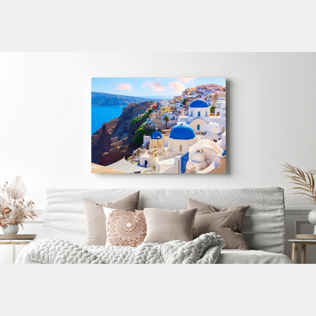 Obraz na płótnie Santorini niebieskie kopuły i białe domy – Wallissimo® Obraz na płótnie Santorini niebieskie kopuły i białe domy – Wallissimo®