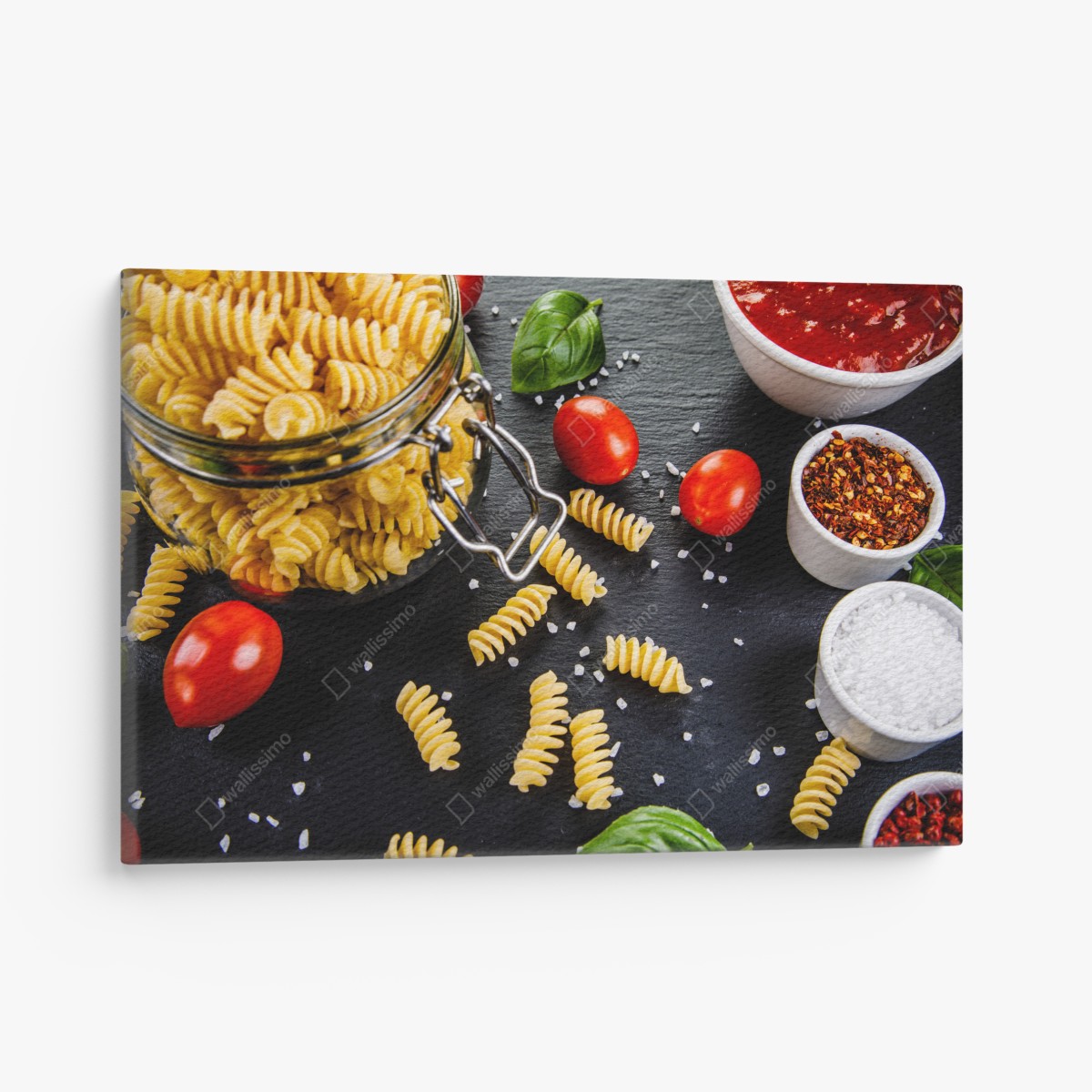 Canvas print pasta ingredients flat lay with tomatoes and basil