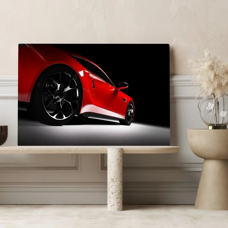 Obraz na płótnie zbliżenie czerwonego samochodu sportowego – Wallissimo® Obraz na płótnie zbliżenie czerwonego samochodu sportowego – Wallissimo®