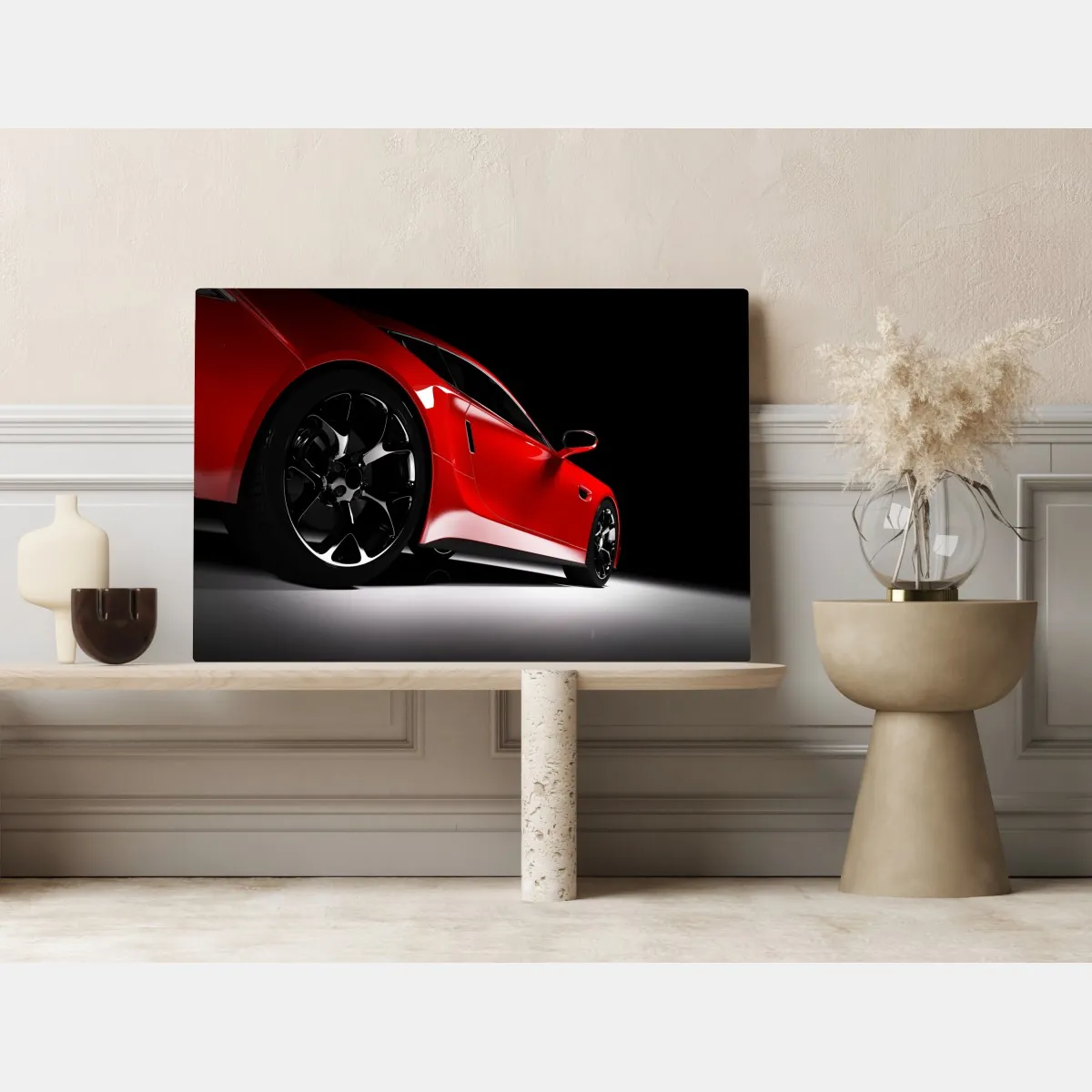 Obraz na płótnie zbliżenie czerwonego samochodu sportowego – Wallissimo® Obraz na płótnie zbliżenie czerwonego samochodu sportowego – Wallissimo®