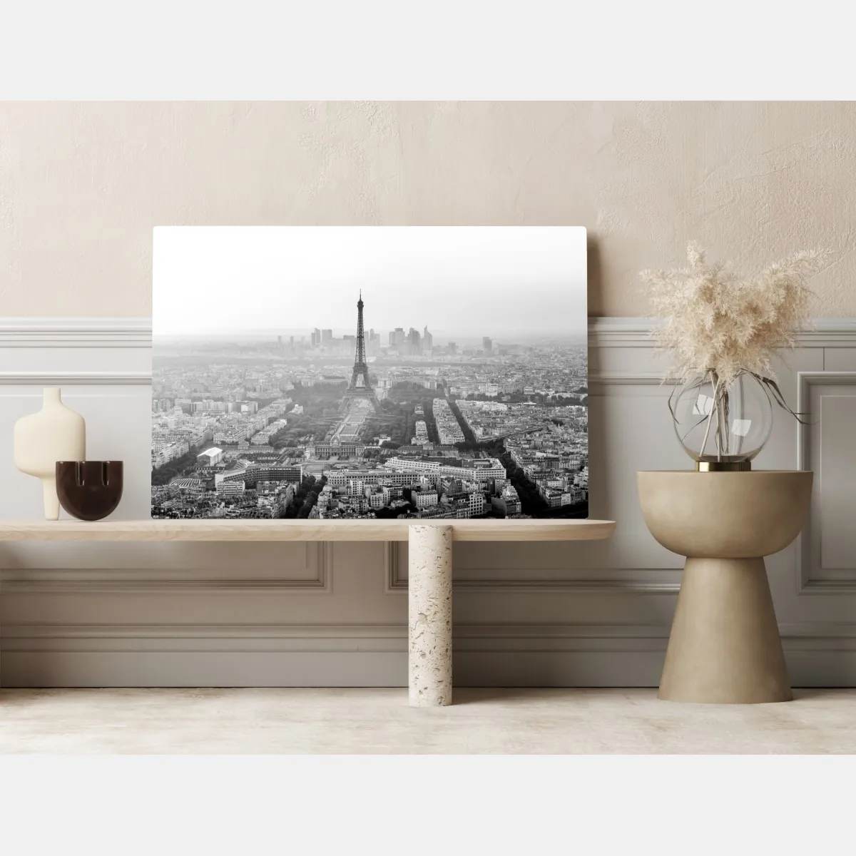 Obraz na płótnie elegancka Wieża Eiffla panorama lotnicza w odcieniach szarości – Wallissimo® Obraz na płótnie elegancka Wieża Eiffla panorama lotnicza w odcieniach szarości – Wallissimo®