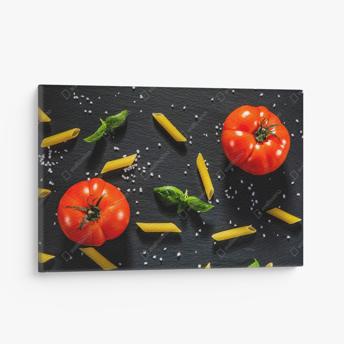 Canvas print tomato and pasta flat lay on black slate