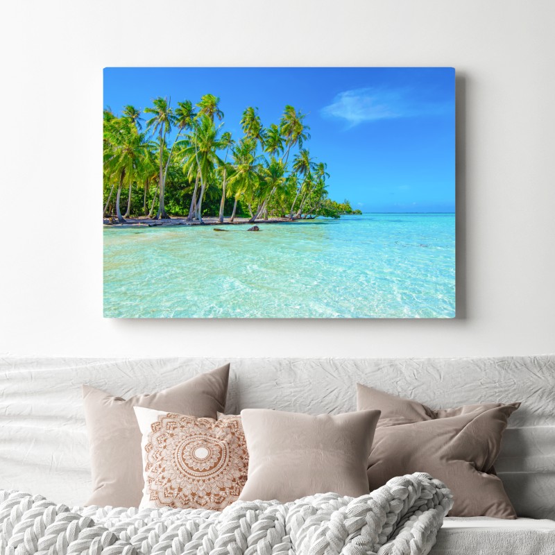 Obraz na płótnie tropikalna plaża z palmami – Wallissimo® Obraz na płótnie tropikalna plaża z palmami – Wallissimo®