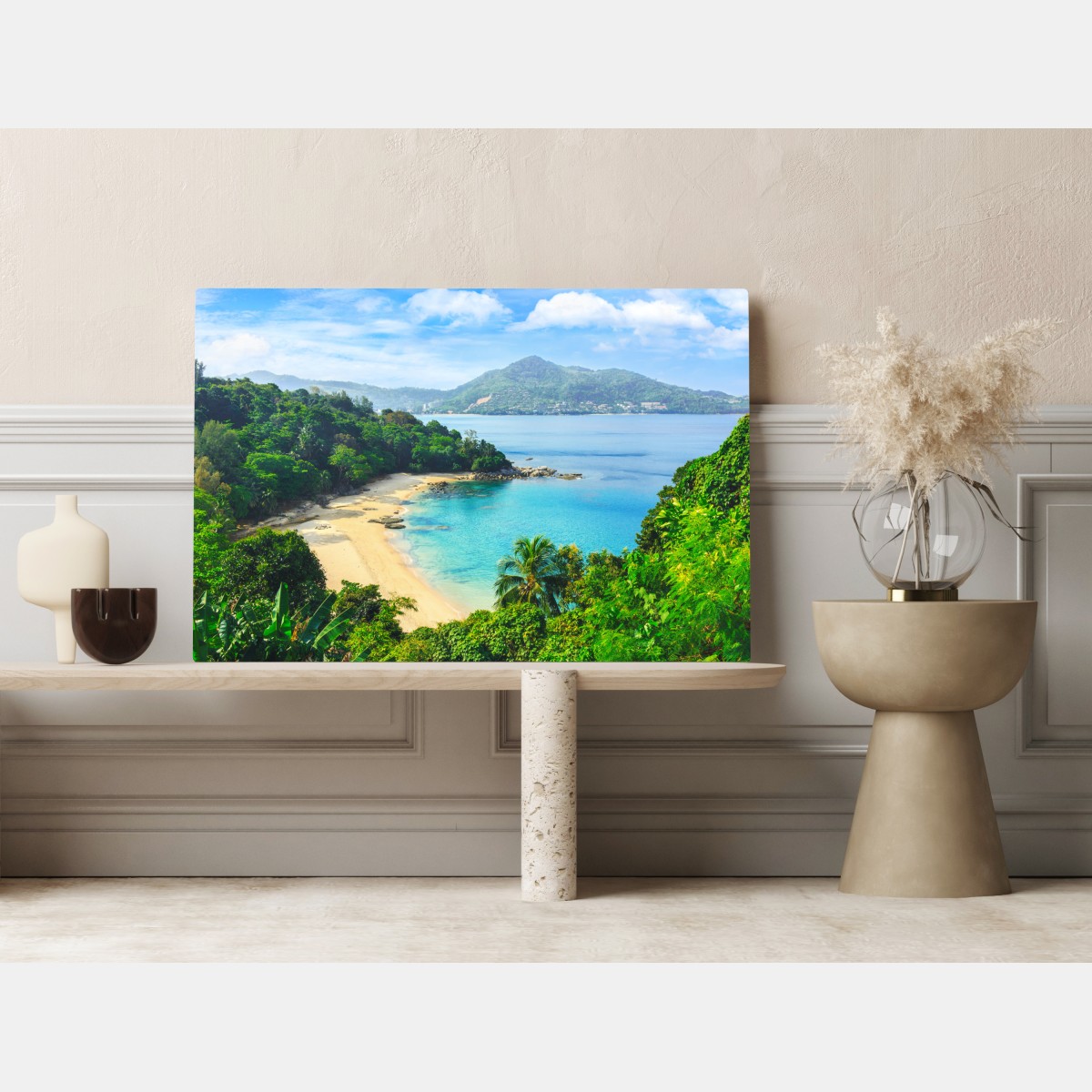 Obraz na płótnie tropikalna turkusowa zatoka z palmami – Wallissimo® Obraz na płótnie tropikalna turkusowa zatoka z palmami – Wallissimo®