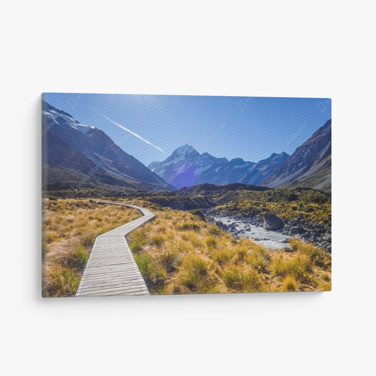 Obraz na płótnie pomost Hooker Valley z widokiem na Aoraki Mount Cook – Wallissimo® Obraz na płótnie pomost Hooker Valley z widokiem na Aoraki Mount Cook – Wallissimo®