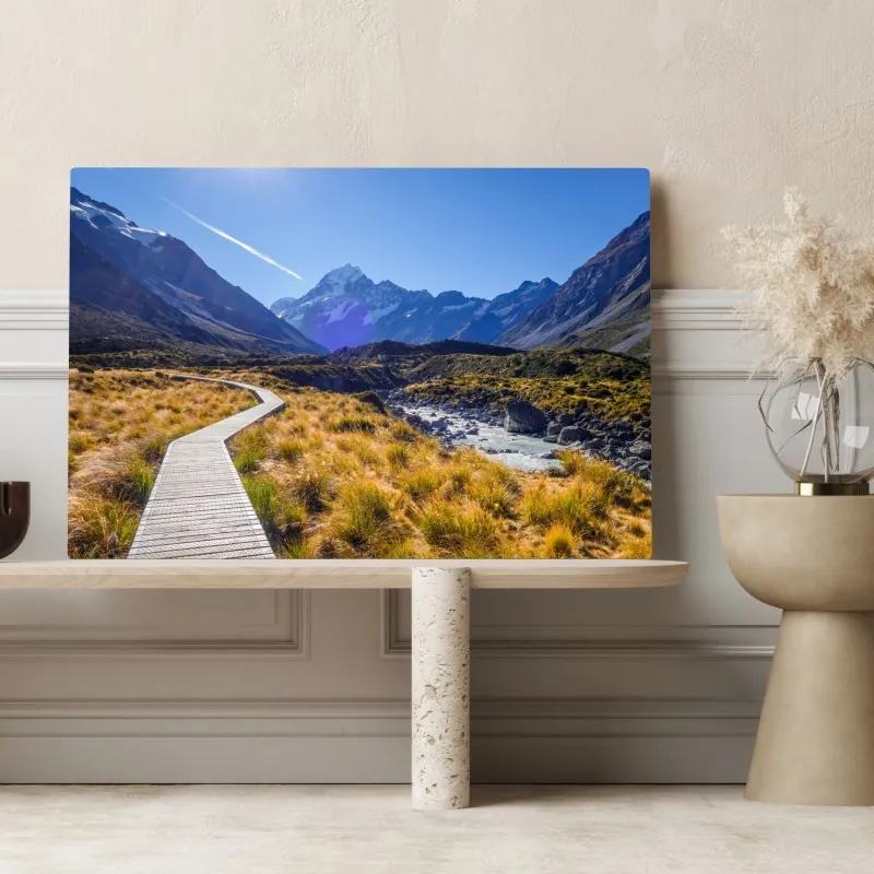 Obraz na płótnie pomost Hooker Valley z widokiem na Aoraki Mount Cook – Wallissimo® Obraz na płótnie pomost Hooker Valley z widokiem na Aoraki Mount Cook – Wallissimo®