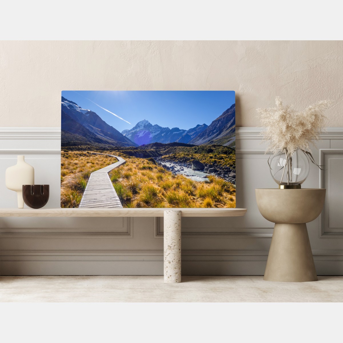 Obraz na płótnie pomost Hooker Valley z widokiem na Aoraki Mount Cook – Wallissimo® Obraz na płótnie pomost Hooker Valley z widokiem na Aoraki Mount Cook – Wallissimo®