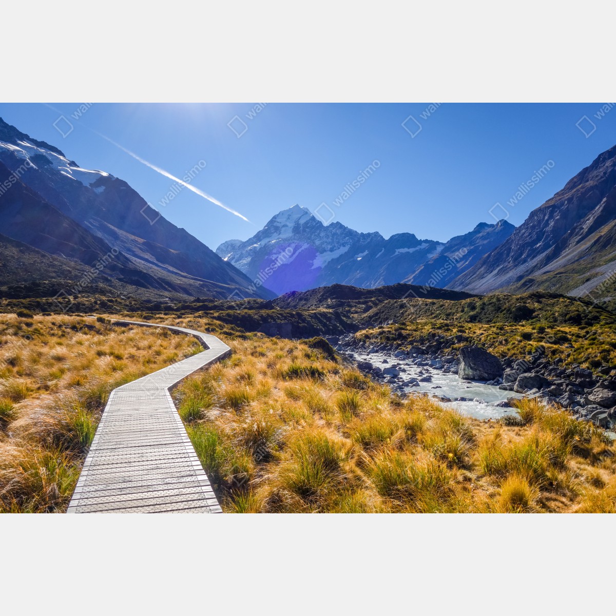 Obraz na płótnie pomost Hooker Valley z widokiem na Aoraki Mount Cook – Wallissimo® Obraz na płótnie pomost Hooker Valley z widokiem na Aoraki Mount Cook – Wallissimo®