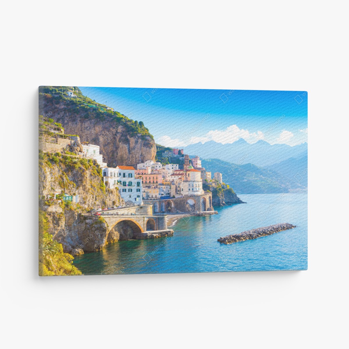 Canvas print sunlit Amalfi Coast village on cliffs
