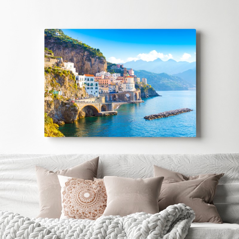 Obraz na płótnie słoneczna wioska na klifie Wybrzeże Amalfi – Wallissimo® Obraz na płótnie słoneczna wioska na klifie Wybrzeże Amalfi – Wallissimo®