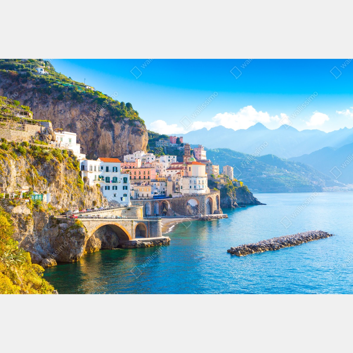 Obraz na płótnie słoneczna wioska na klifie Wybrzeże Amalfi – Wallissimo® Obraz na płótnie słoneczna wioska na klifie Wybrzeże Amalfi – Wallissimo®